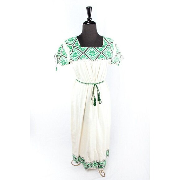 Vtg 1970's Mexican Bohemian Dress Handmade Hand Embroidered Beige Green Black